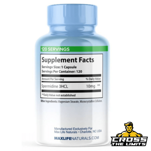 Supplement facts label of MaxLife Spermidine 120 caps – A close-up of the supplement facts panel showing a serving size of 1 capsule with 10mg of Spermidine 3HCL.