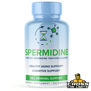 Front of MaxLife Spermidine 120 caps bottle – A blue supplement bottle labeled "Spermidine" promoting healthy aging, cognitive support, and cellular renewal.