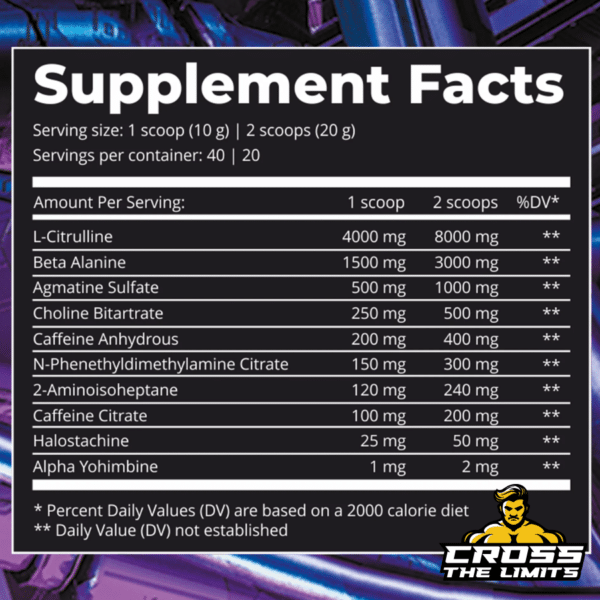 Dark Labs Crack Purple Supplement Facts – Detailed ingredient breakdown per serving. Includes L-Citrulline, Beta-Alanine, Agmatine Sulfate, DMHA, Eria Jarensis, Caffeine, and Alpha Yohimbine for an extreme pre-workout experience