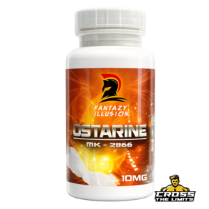 Fantasy Illusion Ostarine MK-2866 10mg supplement bottle 3D render with transparent background showing white bottle, orange label and premium product packaging.