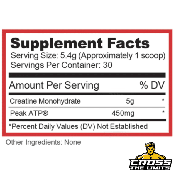 Purus Labs Creatine ATP supplement facts label showing 5g of creatine monohydrate and 450mg of Peak ATP® per serving for muscle strength and endurance