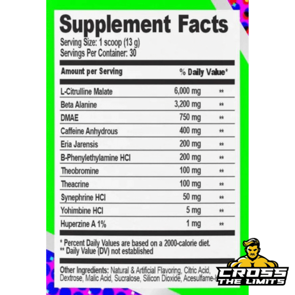 Relentless Demonize Pre-Workout Supplement Facts – includes Citrulline Malate, Beta-Alanine, DMAE, Eria Jarensis, Caffeine, Synephrine, and Yohimbine for extreme performance enhancement.