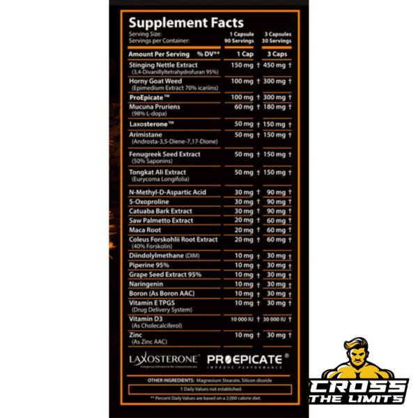 Revange Alpha Male Pro 90 Caps Supplement Facts label showing detailed ingredient list, dosages per serving, and nutritional breakdown in black and orange design