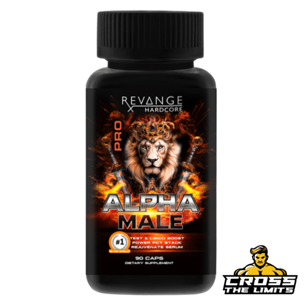 Revange Alpha Male Pro supplement bottle featuring a black design with a roaring lion, flames, and bold text highlighting its testosterone-boosting and PCT support benefits