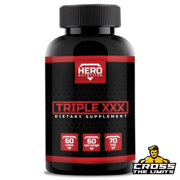 Hero Nutrition Triple XXX Bottle – 60 Capsules (Black and red bottle of Hero Nutrition Triple XXX prohormone with bold branding).