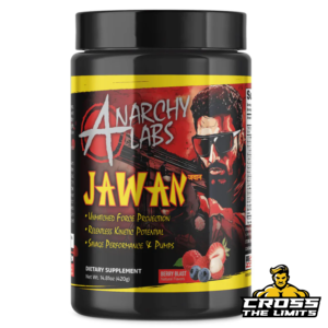 Bottle of Jawan Pre-Workout, showcasing branding and high-energy performance benefits.