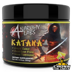 Bottle of Katana Pre-Workout, featuring branding and fat-burning benefits.