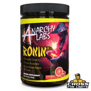 Bottle of Ronin Pre-Workout, featuring branding and extreme energy benefits