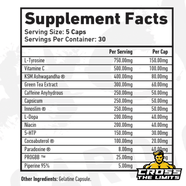 Supplement facts label of TWP Nutrition L.I.T, displaying ingredient dosages and serving size.