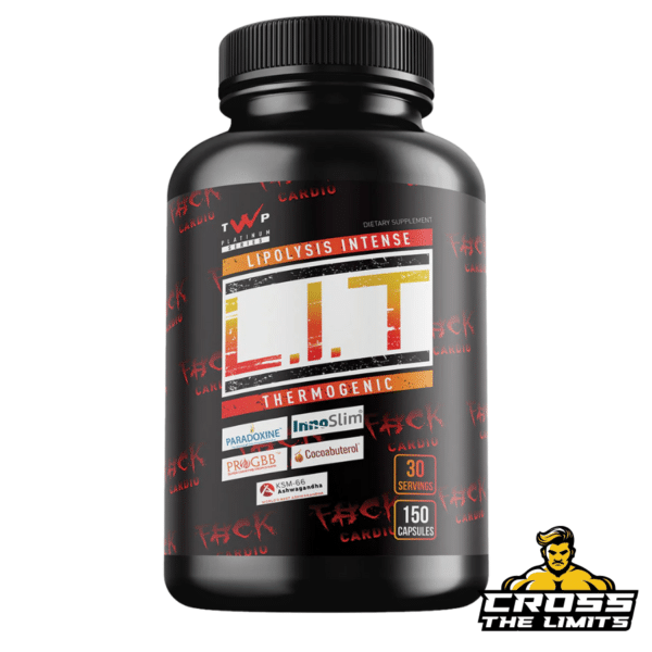 Bottle of TWP Nutrition L.I.T Thermogenic Fat Burner, featuring branding and ingredient highlights.