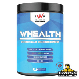 Bottle of TWP Nutrition WHEALTH, featuring branding and ingredient highlights.