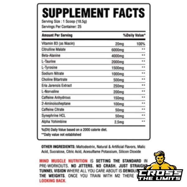 Supplement facts label of M2 Pre-Workout, displaying energy, focus, and endurance-boosting ingredients.