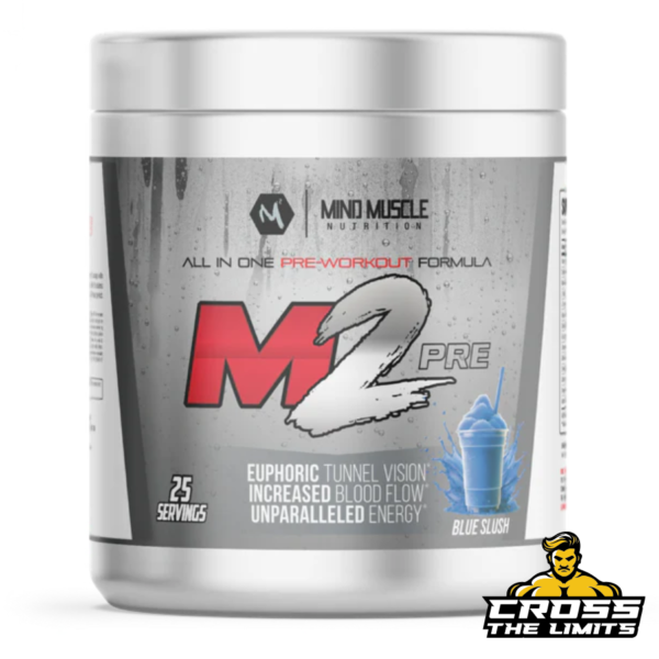 Bottle of M2 Pre-Workout, featuring branding and key highlights.