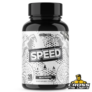 Bottle of Speed Nootropic, featuring branding and ingredient highlights.