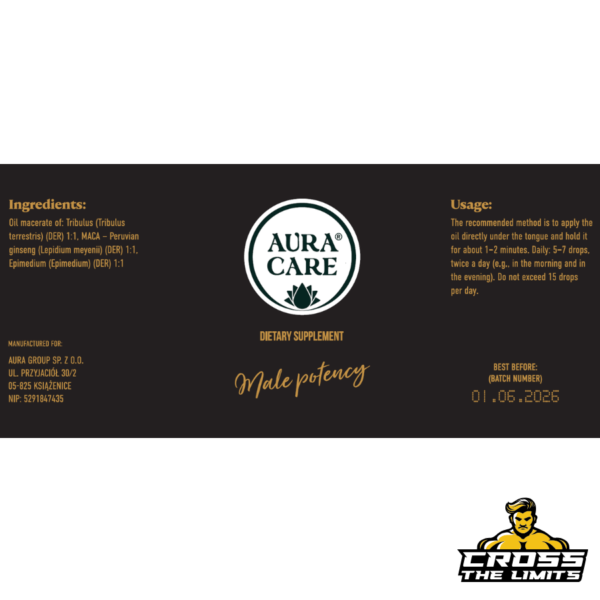 Aura Care Men’s Potential 15ml dropper bottle and packaging – featuring Tribulus, Maca, and Epimedium extract