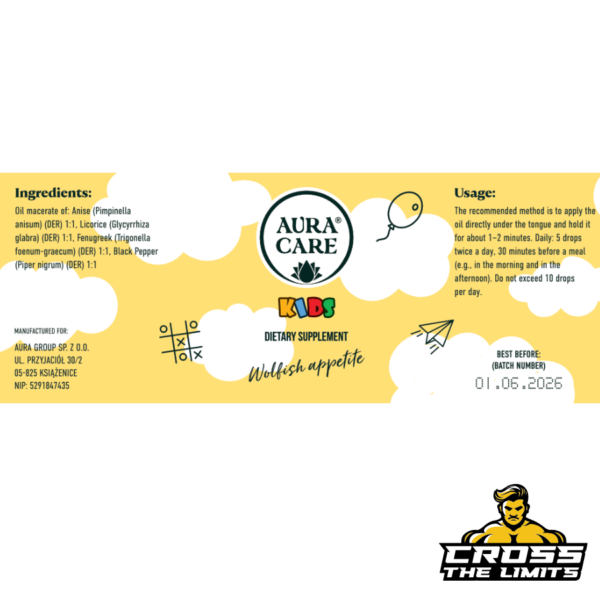 Supplement facts and ingredients list of Aura Care Kids Wolfish Appetite adaptogen drops – detailed view of label including dosage instructions