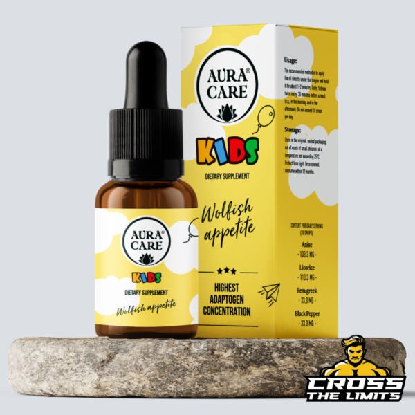 Aura Care Kids Wolfish Appetite adaptogen supplement bottle with dropper and box – natural solution for boosting children’s appetite.