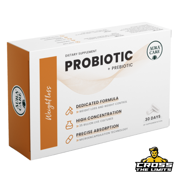Product packaging front view: Aura Care Probiotic + Prebiotic for Weight Loss – white and orange box, 30-day supply, advanced gut formula.