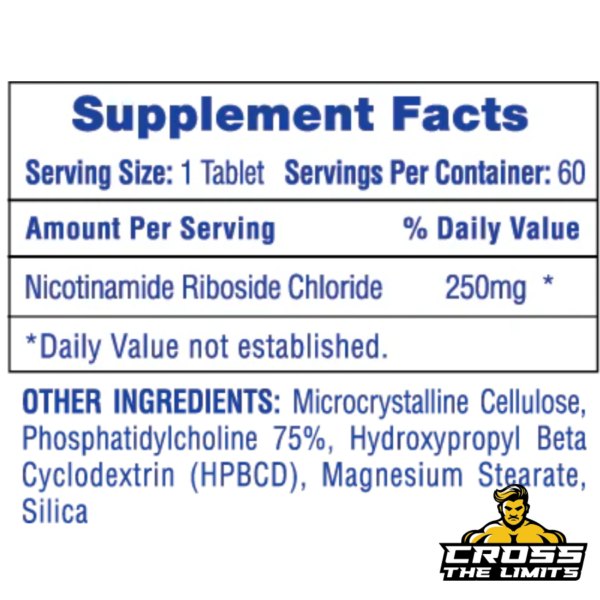 Supplement Facts of Liposomal NAD+ showing Nicotinamide Riboside 250mg per serving