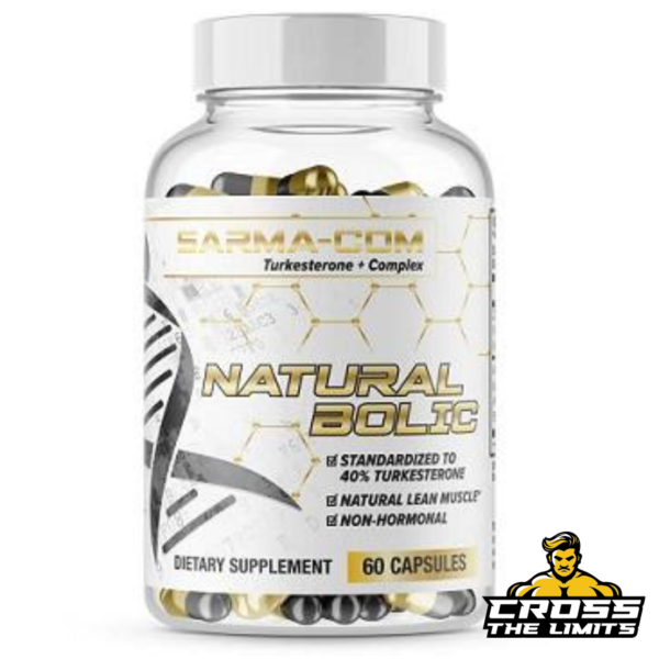 Sarma-Com Natural Bolic 60-caps supplement bottle featuring white-gold label and anabolic support tagline.