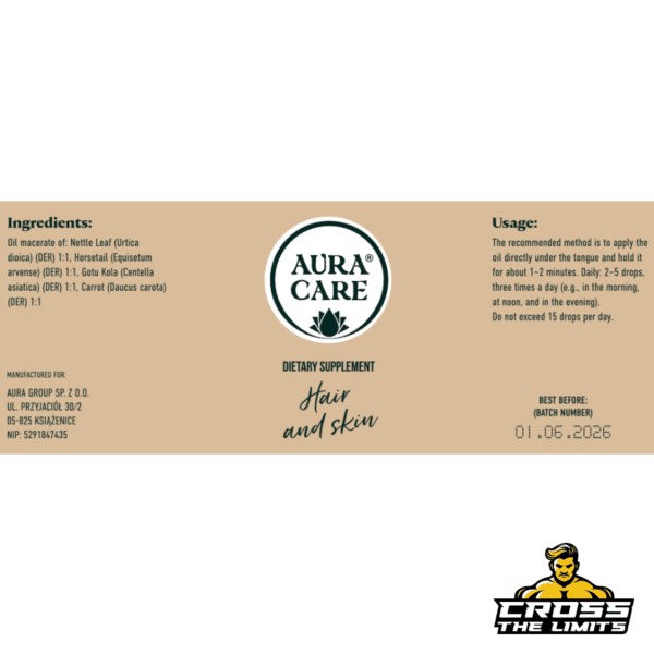 Aura Care Hair and Skin supplement facts – ingredients and usage instructions for 15ML adaptogen oil.