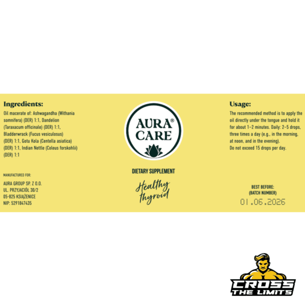 Supplement facts and ingredient breakdown for Aura Care Healthy Thyroid 15ML