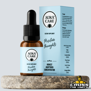 Bottle and box of Aura Care Adaptogens Positive Thoughts 15ML
