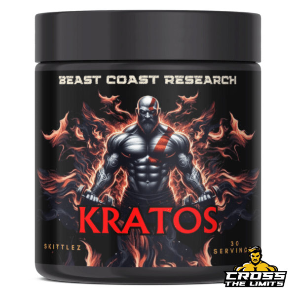 Beast Coast Research Kratos Pre-Workout – Front Label with Flame Design