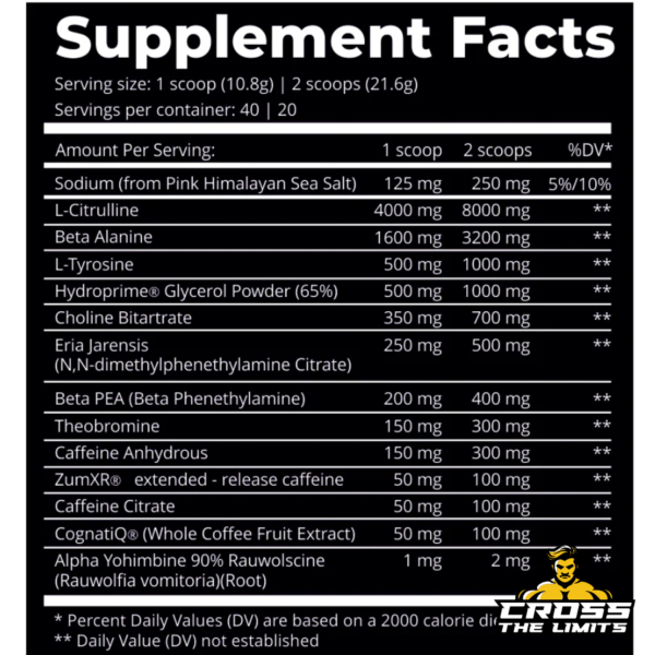 Supplement facts of Crack Reloaded showing key ingredients like Citrulline, Eria Jarensis, and Alpha Yohimbin