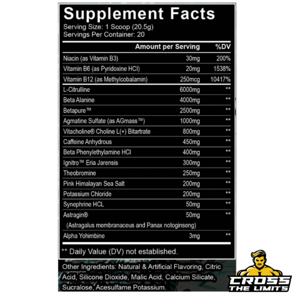 Supplement facts panel of Kilo Labs 6 Pre-Workout with high-stim and pump matrix