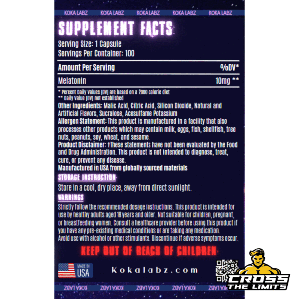 Supplement facts panel – Melatonin 10mg