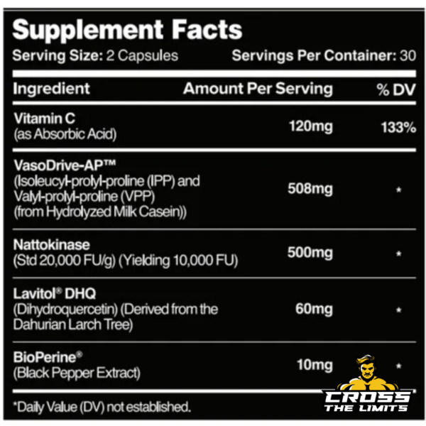 Supplement Facts Panel for Hemo Flow – VasoDrive-AP, Nattokinase, DHQ, Vitamin C