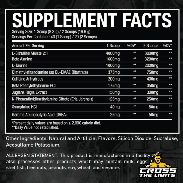 Supplement Facts Panel for Mr. White Preworkout (Citrulline, Eria Jarensis, Juglans Regia)