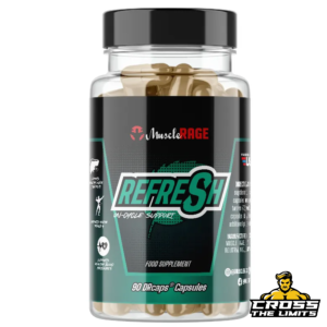 Bottle of Muscle Rage Refresh – on-cycle support supplement in 90 DRcaps® capsules.