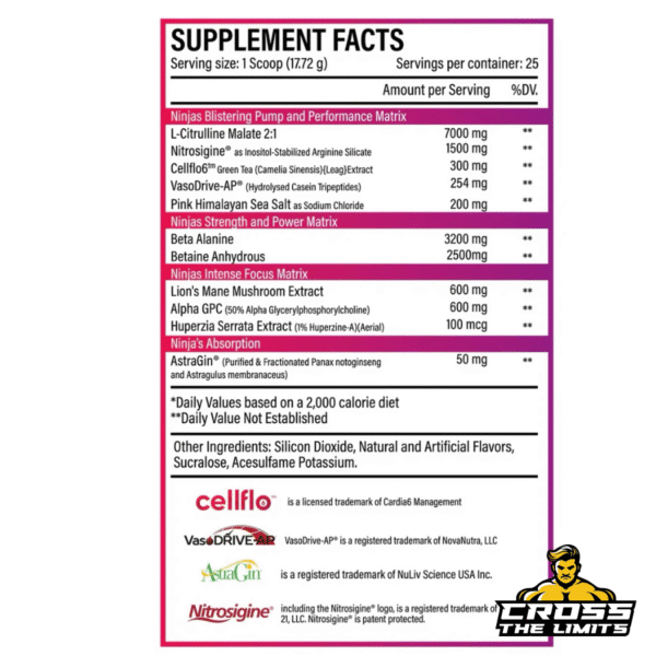 Supplement facts showing pump, focus, and absorption matrix with no stimulants