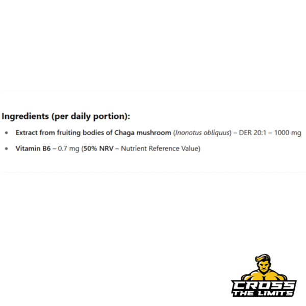Supplement facts showing Chaga 1000 mg and Vitamin B6 content