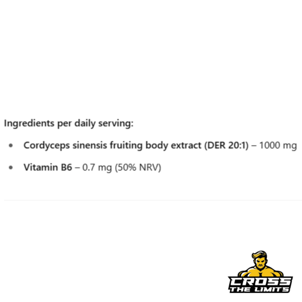 Supplement facts for Slavic Labs Cordyceps 100g with 1000 mg extract and 0.7 mg Vitamin B6