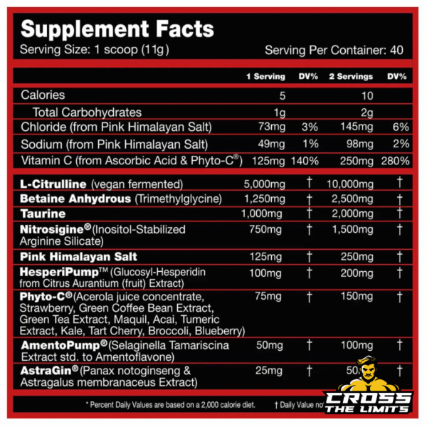 Supplement facts showing full breakdown of ingredients including Citrulline, Nitrosigine, Betaine, and more