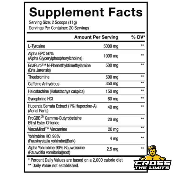 Supplement facts panel of TWEAK Pre-Workout showing dosages of L-Tyrosine, EriaPuro™, caffeine, and more.
