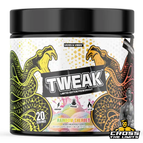 Vices & Vibes TWEAK Pre-Workout in Rainbow Sherbet flavour – limited edition high-stim pre-workout formula.
