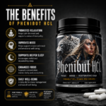 Benefits of Phenibut HCL 500mg featuring Viking warrior and wolf imagery. Highlights relaxation support, improved sleep quality, enhanced focus, mood balance and daily well-being.
