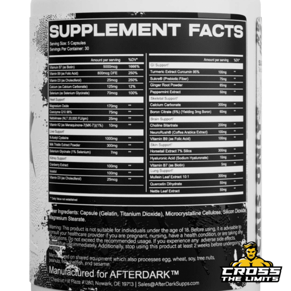 Supplement facts panel of OrganX with complete multi-system support ingredients
