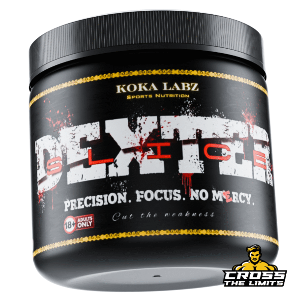 Hardcore pre-workout Dexter Slice tub with Cross The Limits branding