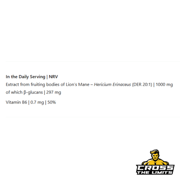 Supplement facts showing 1000mg Lion’s Mane and β-glucan content