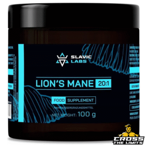 Slavic Labs Lion’s Mane 20:1 front label – blue on black design