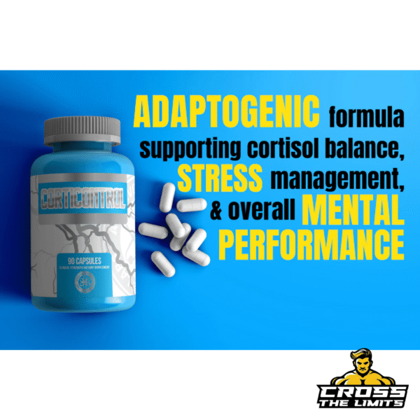 CortiControl capsules with text highlighting adaptogenic and stress support benefits