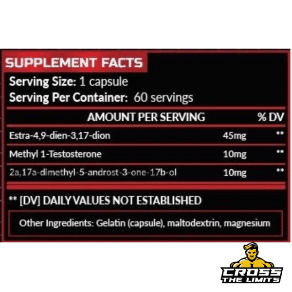 Supplement facts panel showing triple prohormone blend with 65 mg total actives per serving.