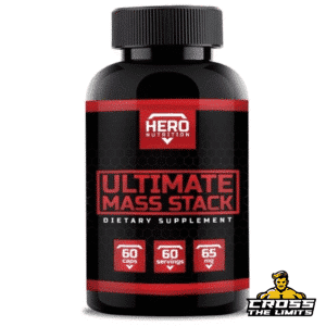 Front label of Hero Nutrition Ultimate Mass Stack bottle – 60 caps formula for mass and power.