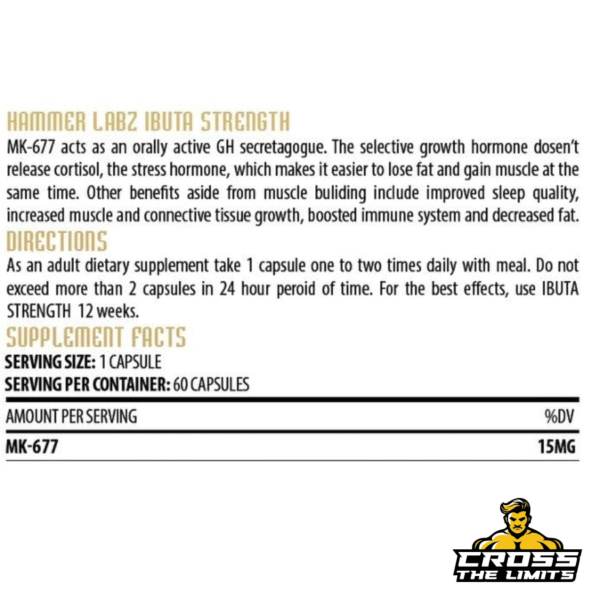 Supplement facts showing 15mg MK-677 per capsule and usage directions.