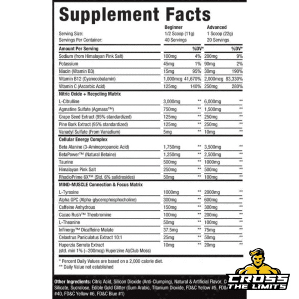 Supplement facts showing full 22g scoop with no proprietary blends and fully disclosed dosing.
